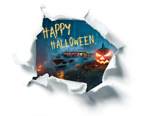 An A-ROSA ship in a gloomy atmosphere and surrounded by pumpkins. Above it the lettering Happy Halloween!