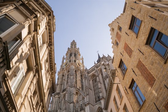 Historic buildings and church tower in Antwerp under blue sky